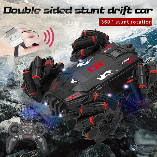 High-speed stunt drift remote control car for kids with gesture sensing, rechargeable, all-terrain vehicle with lights and sounds, USB charging. Black with red flames design, sporty and