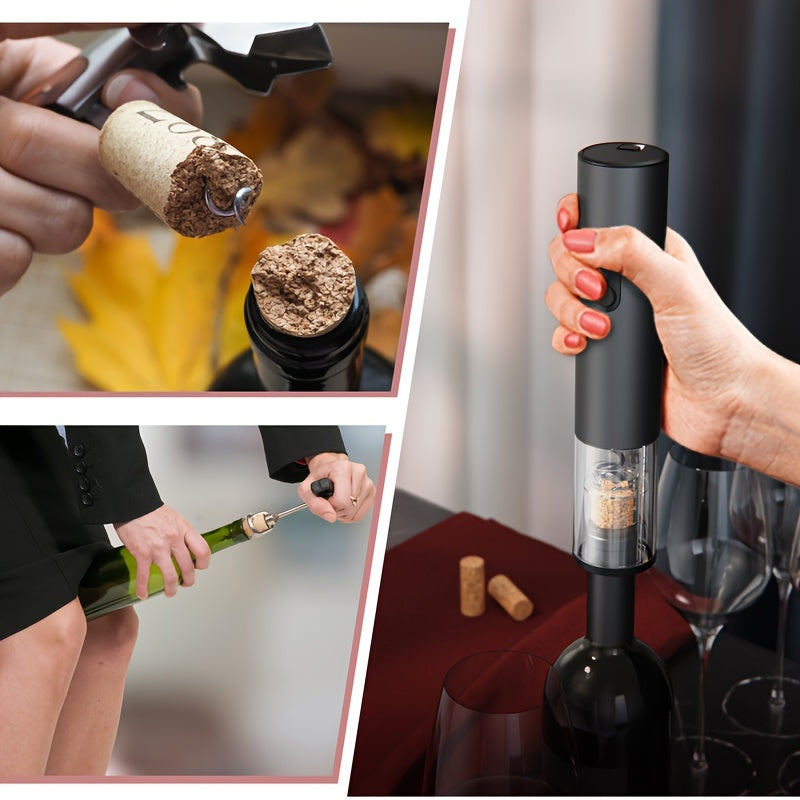 Electric wine opener set includes automatic opener, corkscrew, vacuum stopper, and 5 essential tools. Dimensions: 8.31cm X 7.29cm X 23.19cm.