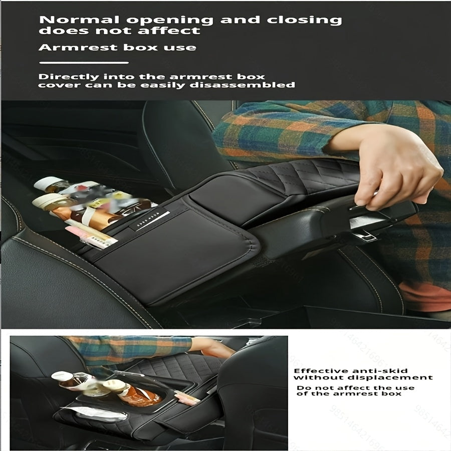 Luxurious PU leather armrest pad with cup holder, tissue box, and storage solutions for enhanced comfort and style.