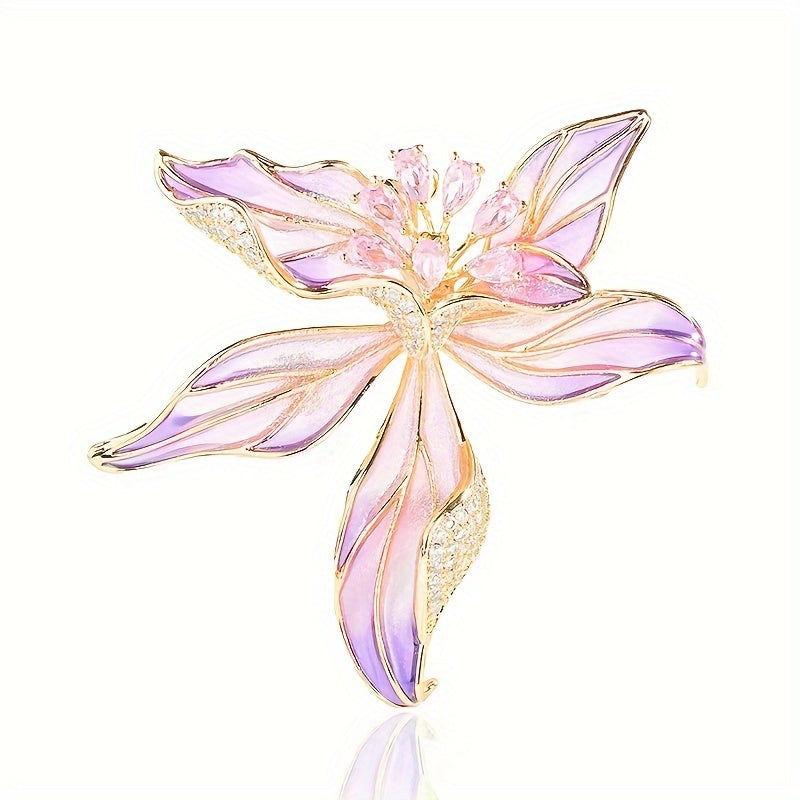 Vintage-inspired alloy flower pin with elegance enamel orchid and sparkling zirconia, perfect for suits and dresses.