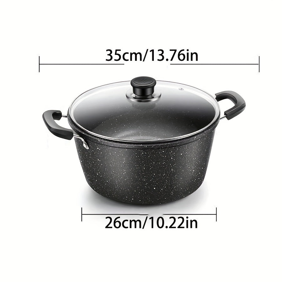 Large capacity, dual-handled cast iron soup pot with versatile non-stick coating, great for stewing and frying. Comes with lid, lid style may vary.