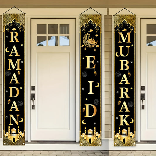 3-Piece Eid Mubarak Decor Set with Black & Golden Ramadan Door Banners featuring moon design, perfect for home & party decoration.