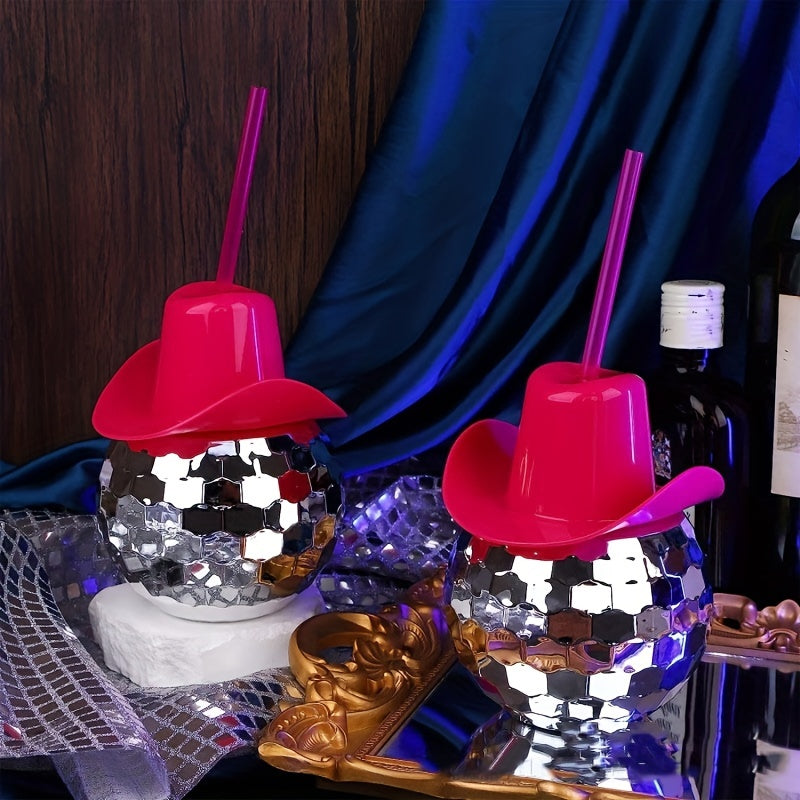 600ml Pink Cowboy Hat Disco Ball Tumbler with Straw - Shiny Electroplated Plastic Cup for Parties & Celebrations