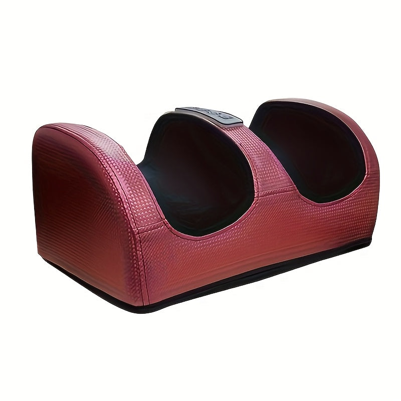 Red foot massager with heating function and multiple massage modes, family-friendly design for feet, 220V plug-powered with thermoplastic elastomer material.