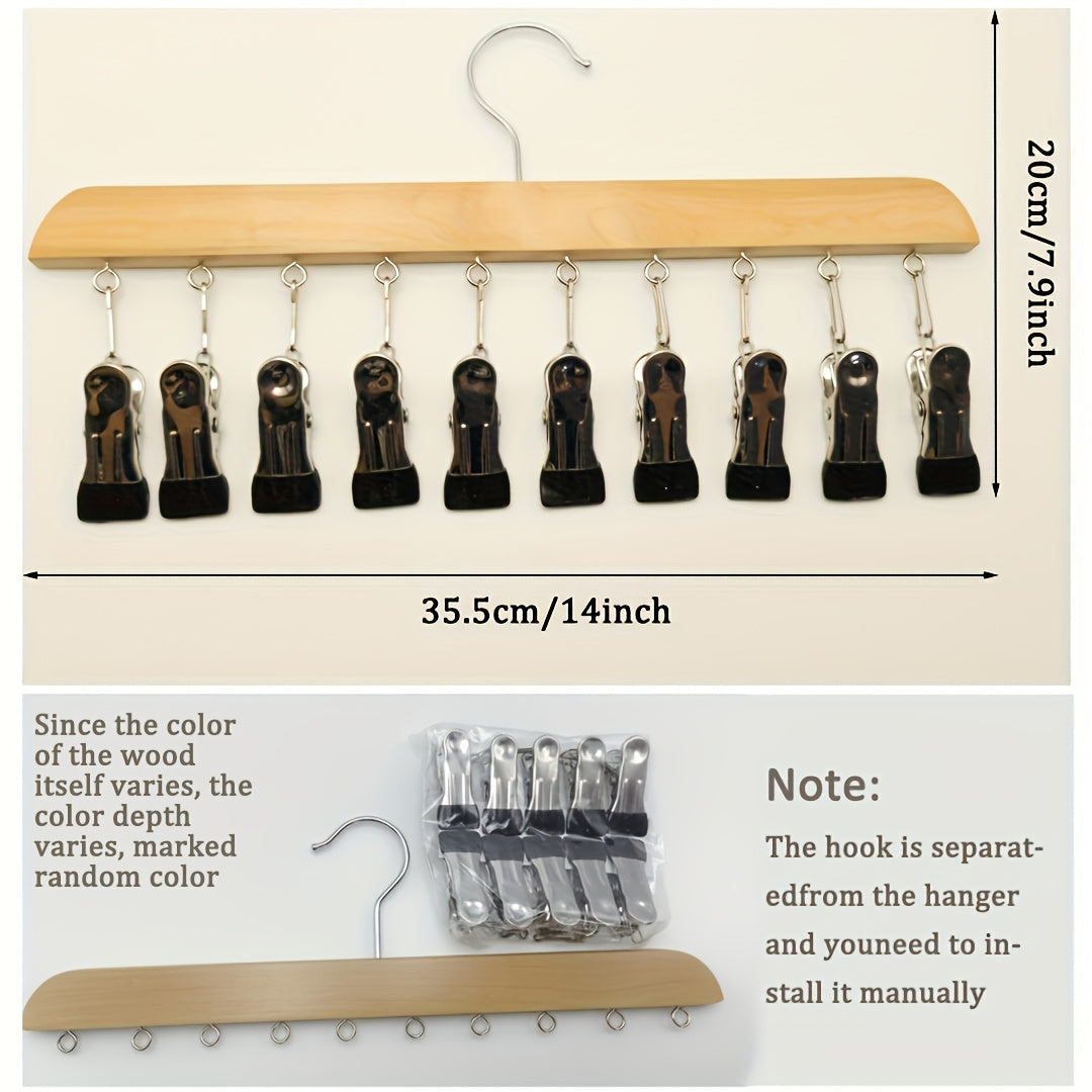 Wooden hat hanger with multiple clips for efficient drying and organizing of hats, underwear, ties, and scarves. Ideal for bedroom, closet, and wardrobe storage. Made of durable wood material, suitable for hanging clothes.