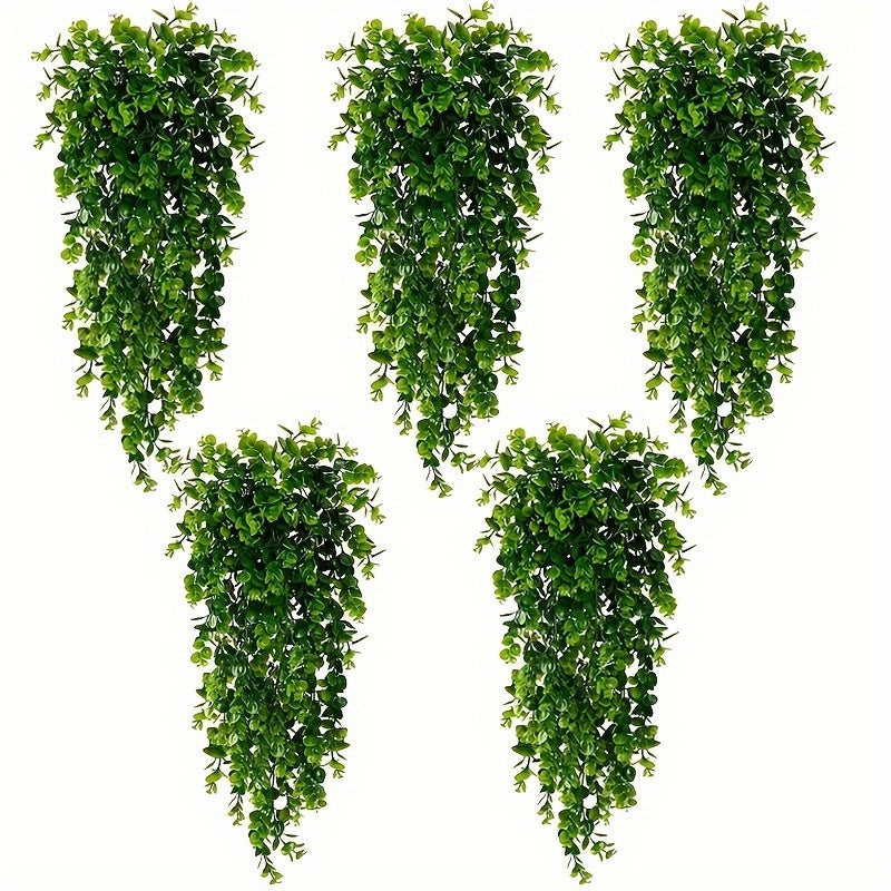 5pcs of artificial hanging eucalyptus vines, UV resistant and suitable for indoor and outdoor walls. Perfect for weddings, room decorations, bedrooms, Christmas, and Thanksgiving.