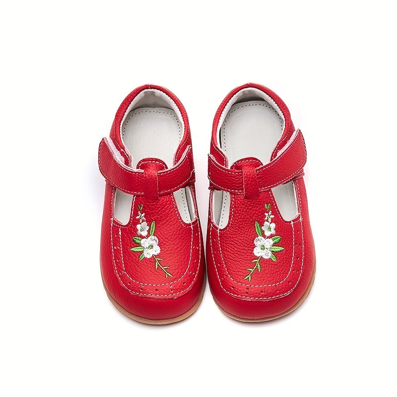 Toddler girls' flower T-strap sandals, lightweight anti-skid Mary Jane flats.