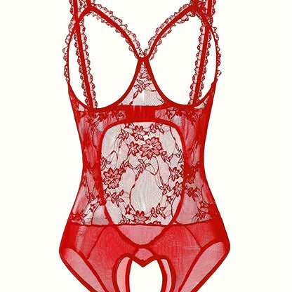 Sexy lingerie: Lace teddy with open bust and crotch. Mesh bodysuit. Bodystocking stocking.