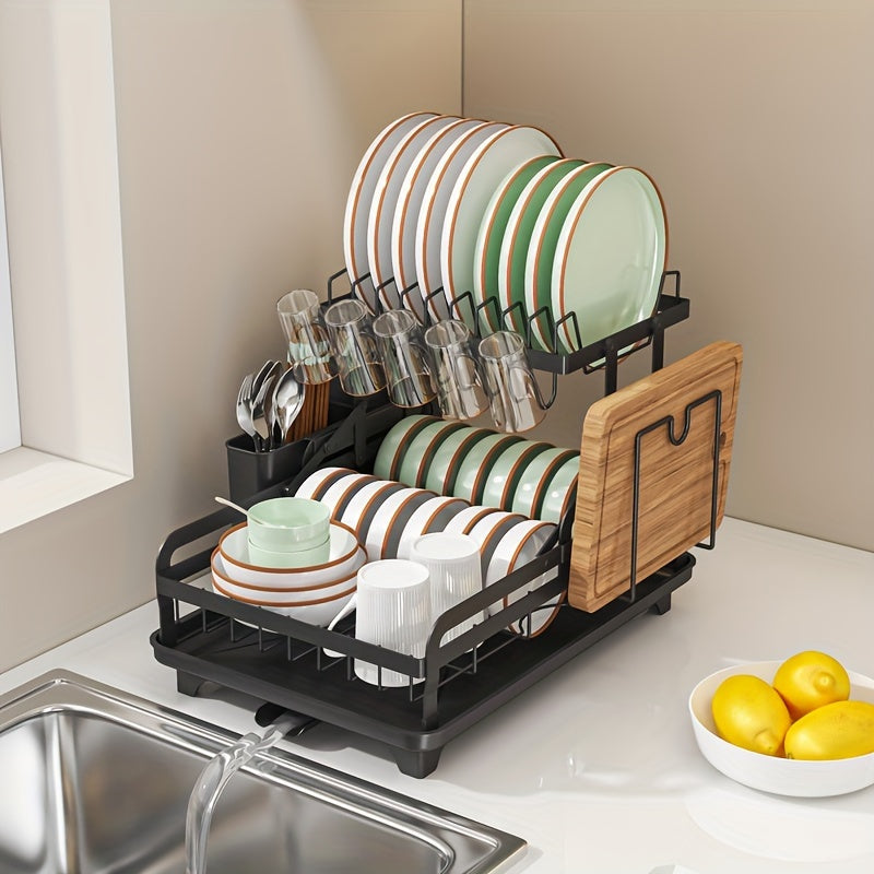 Kitchen Countertop Dish Drying Rack with Double Layers and Large Capacity, Steel Drainboard Dish Drainer with Utensil Holder, Suitable for Dishes, Knives, Cups, and Cutting Boards, Dimensions 41.4 x 28.96 x 27.43cm, Essential Kitchen Supplies