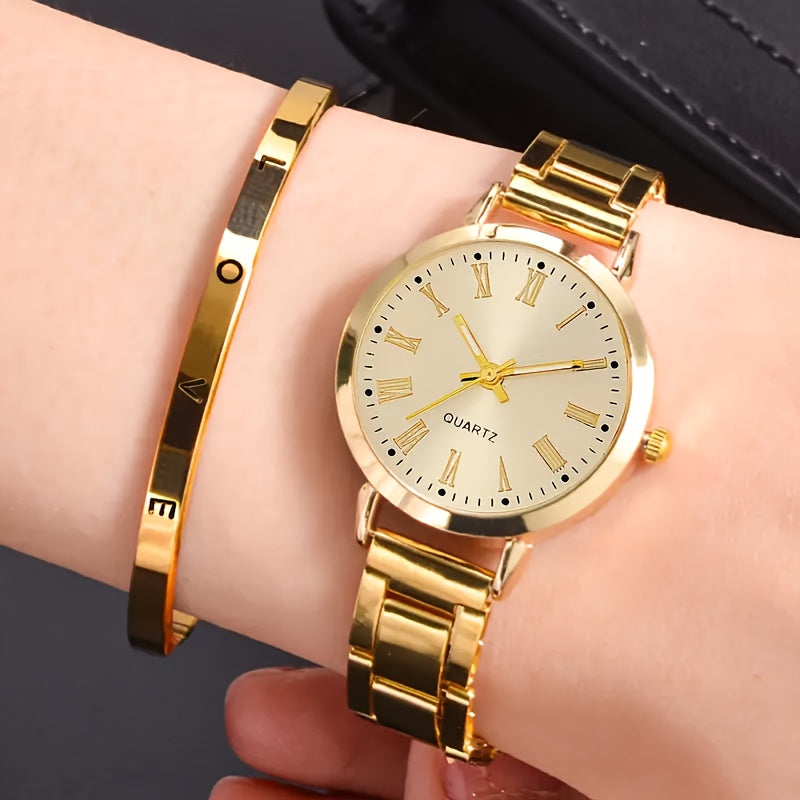 Elegant combo pack includes 1pc fashionable women's round analog quartz watch and jewelry set with alloy band & case, button battery.