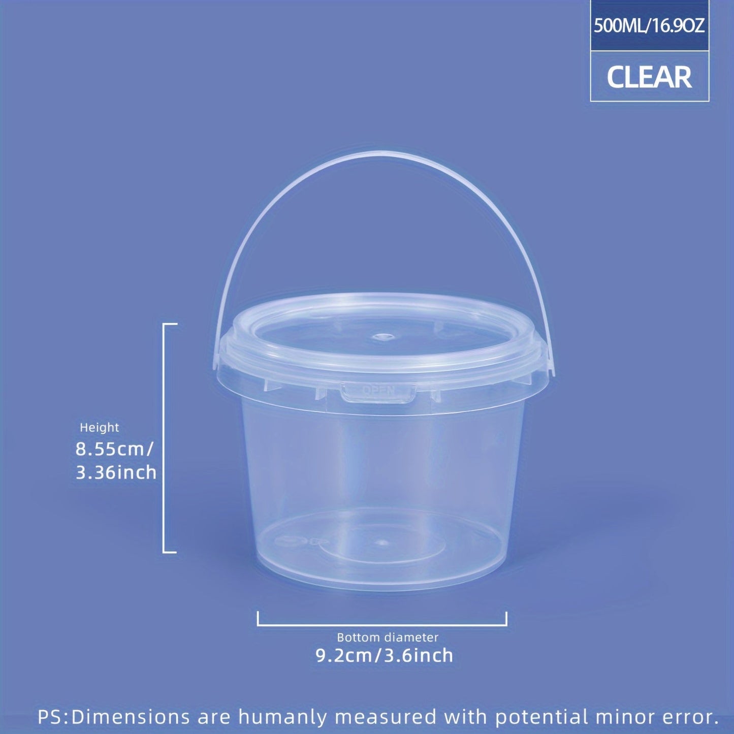 12-piece set of clear round PP Plastic Food Storage Containers with handles, ranging from 300ml to 1000ml in capacity. These containers are durable, resistant to high temperatures, odor-free, and safe for use in the microwave and freezer. They are also