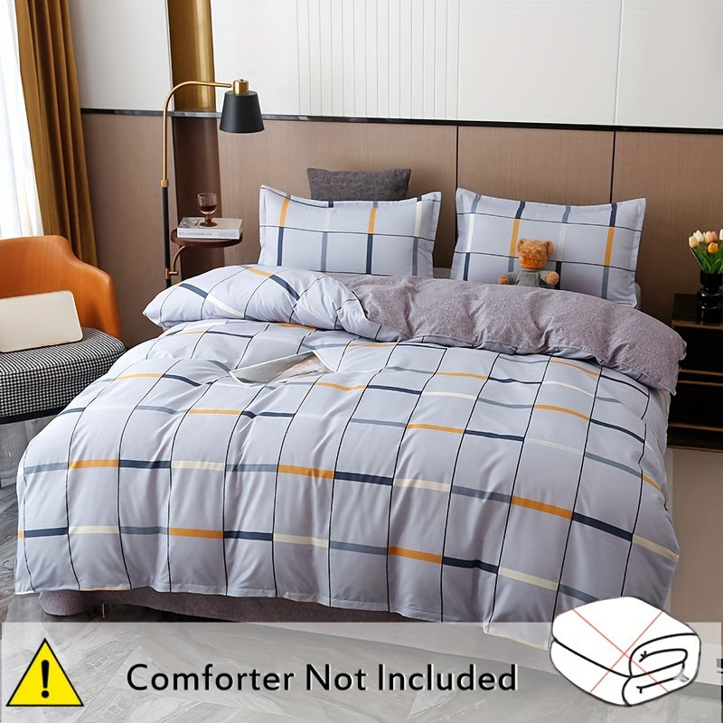 4-piece elegant plaid bedding set made of soft skin-friendly polyester, machine washable. Includes a duvet cover, counterpane, and 2 pillowcases. Suitable for all seasons with a