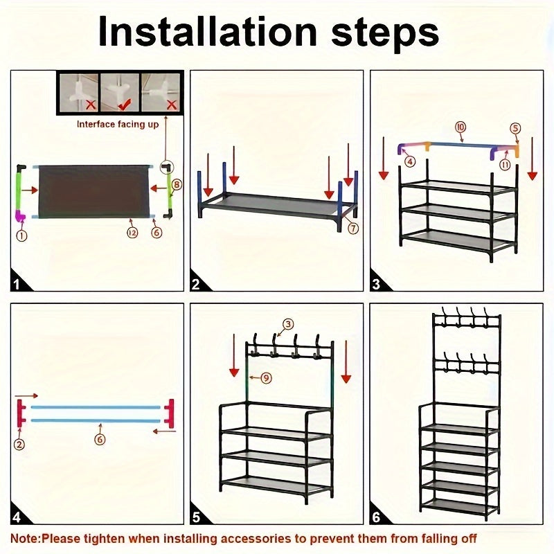 Durable hanger and shoe storage with 8 hooks and shelves, ideal for organizing coats and shoes in home entrances, foyers, bedrooms, and bathrooms. No assembly required.