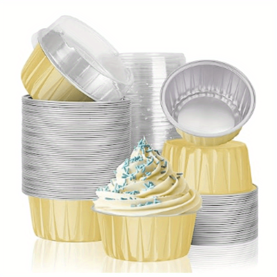 Reusable Aluminum Foil Baking Cups with Lids - Available in 10, 25, or 50 Count - Ideal for Cupcakes, Pies, Desserts, Catering, and Events - Black and Gold Color Options