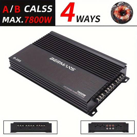 Bermans 4-Channel Class AB Car Amplifier - 7800W Max Power Stereo, Black Finish with Heat Sink & Fan, MP3 Cable Optional, No Battery Needed, Upgrade Car Audio with Powerful Sound Output.