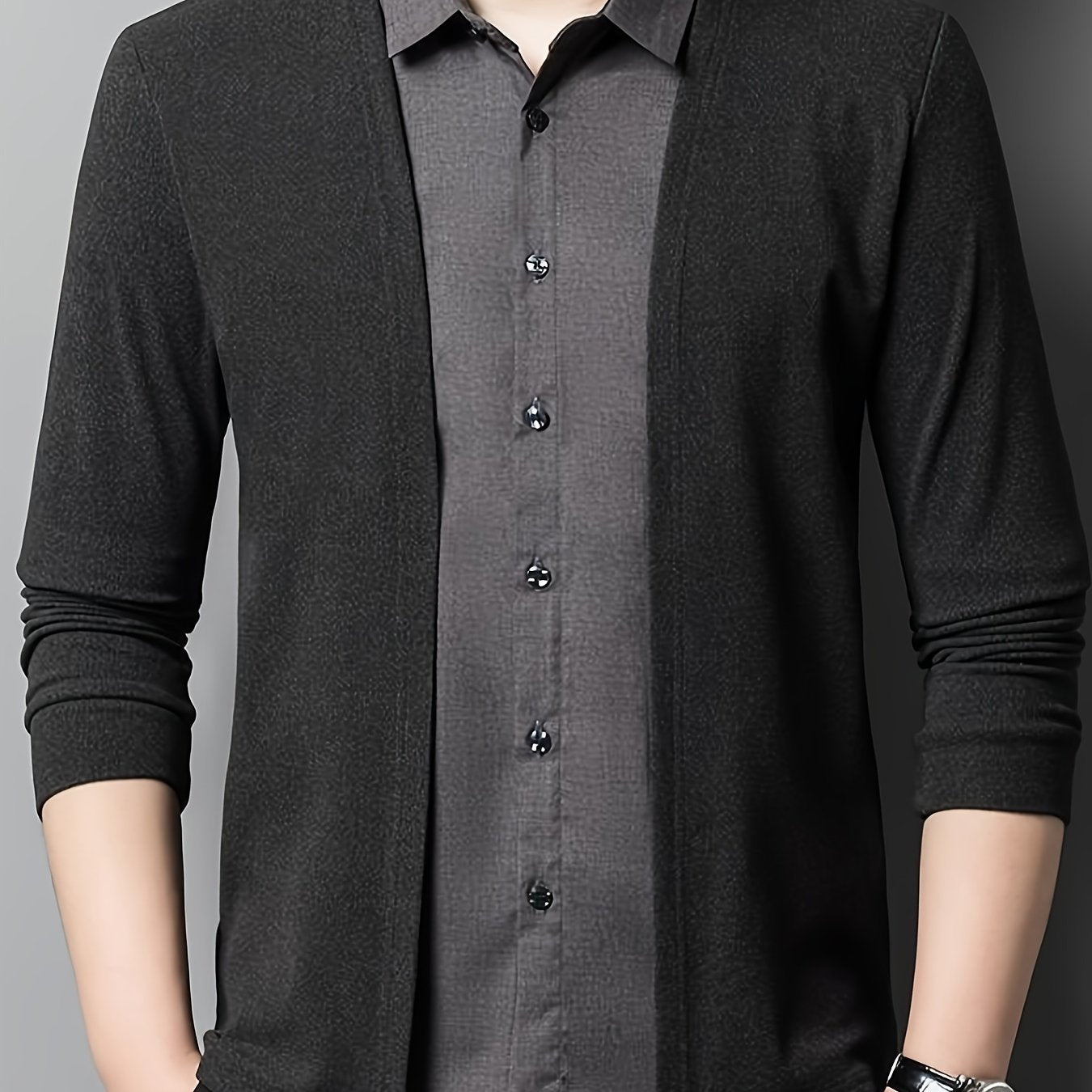 Men's two-piece color-blocked casual shirt with long sleeves and a collared neckline.