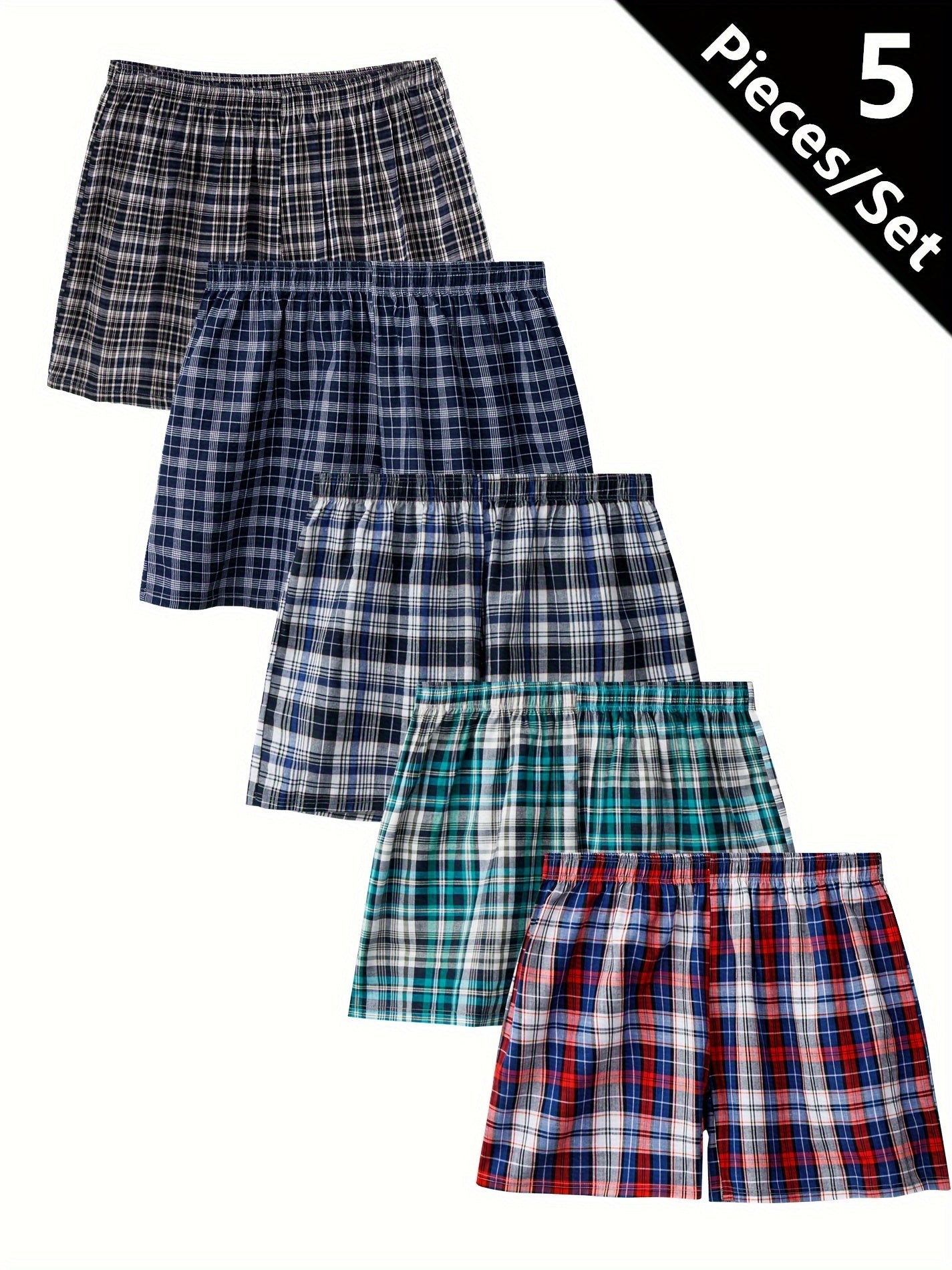 5 Men's Plaid Boxer Briefs - 100% Cotton, Breathable, Loose Fit for Home or Beach