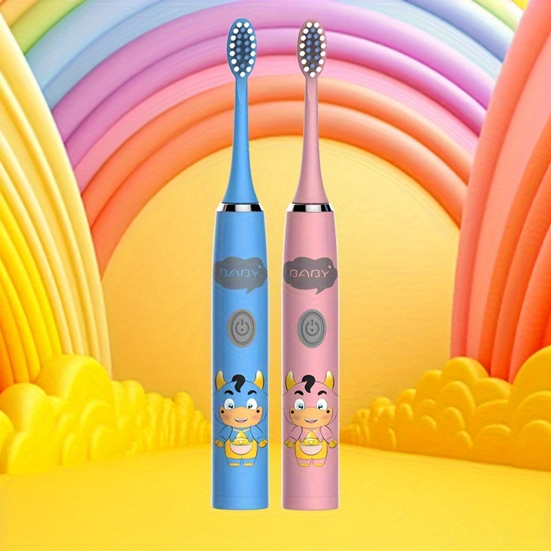 2 Electric Toothbrushes with battery-powered cartoon style and replaceable ultra-soft bristles. Includes 2-12 brush heads and a 2-minute smart timer for effective dental plaque cleaning