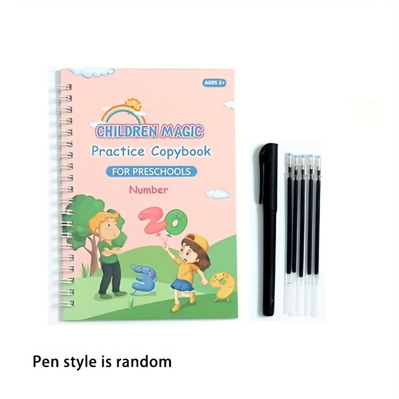 Kids Educational Writing Practice Set includes spiral bound copybook with pen for preschoolers to learn alphabet, numbers, and addition for early literacy and math skills development.