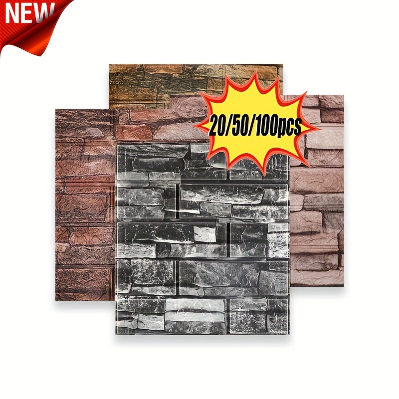 3D stereo imitation brick wall stickers available in 20pcs, 50pcs, or 100pcs, measuring 38.5×35cm/15.16×13.78in. Ideal for DIY home decoration in bedrooms, kitchens, or living rooms.