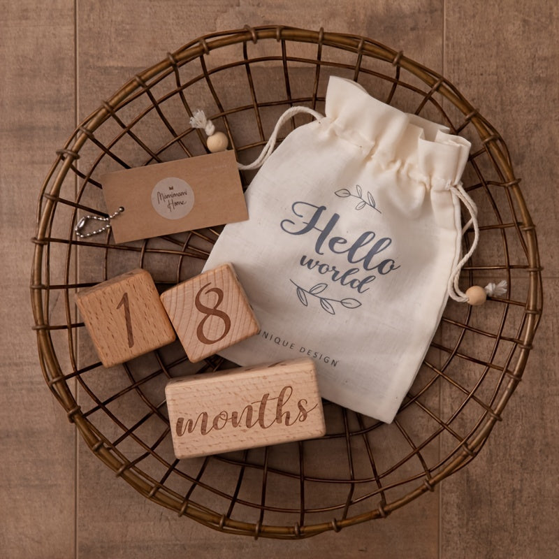 Wooden Milestone Blocks Set - Perfect for Full Moon Photo Props, Celebrating Growth Milestones, Preserving Birth Month Memories. The set includes light brown wood blocks and a cute "Hello World" drawstring bag.