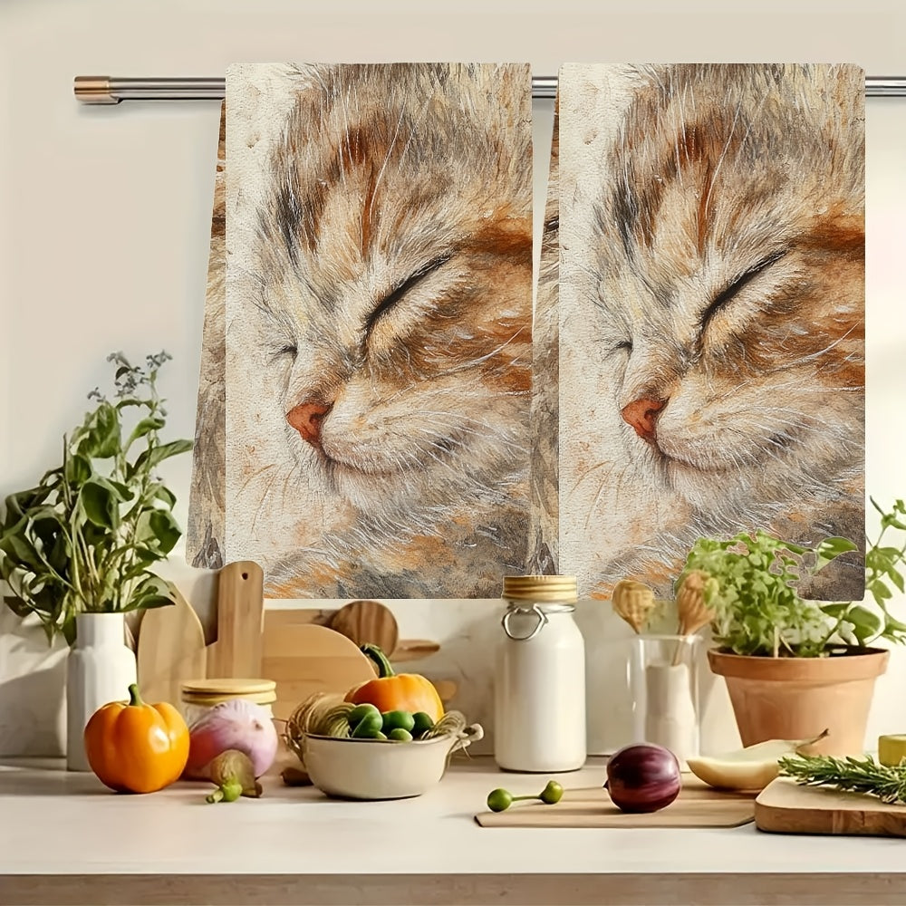 Set of two incredibly plush kitchen towels featuring an adorable kitten fur print - These towels are super absorbent, conveniently machine washable, and perfect for drying dishes or hands. The 40.64x60.96 cm size makes them ideal for any kitchen, while