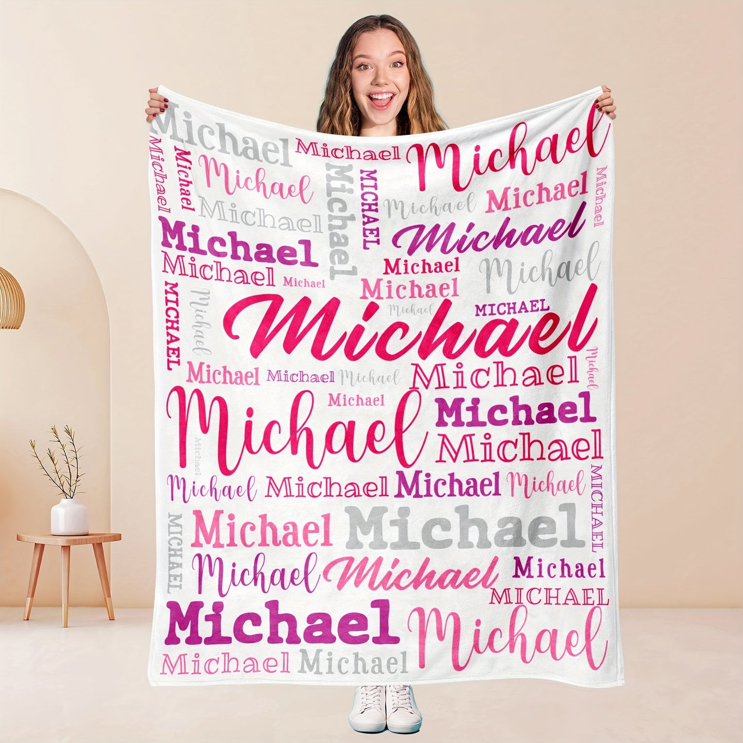 Personalized Big Name Blanket by QOGOER made from an ultra-soft 100% polyester flannel knit fabric, featuring high-quality digital printing in a mixed color design that is suitable for all seasons.