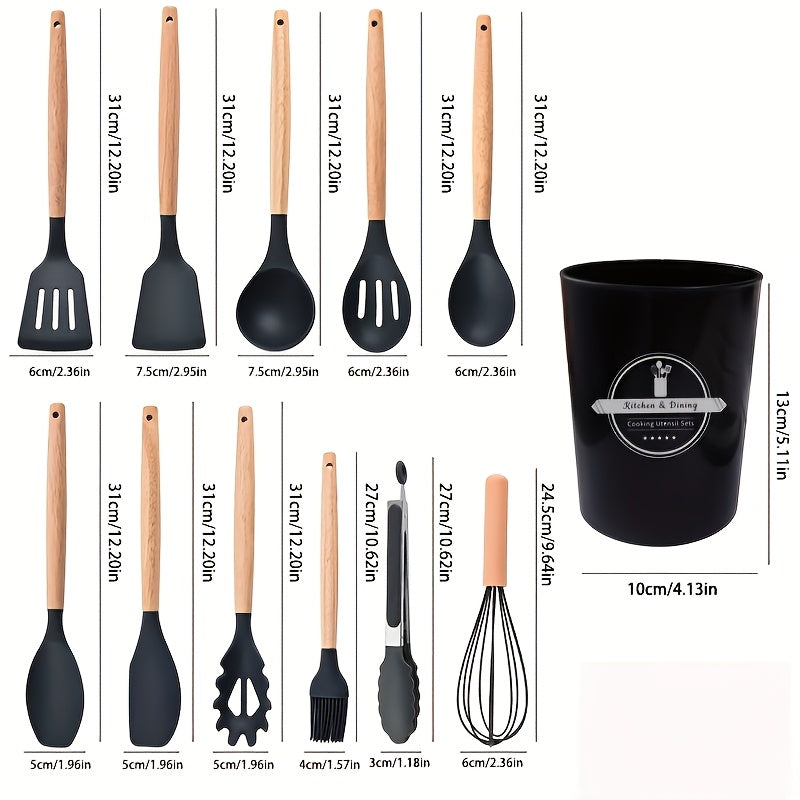 12-piece silicone cooking utensil set with non-stick spatula and spoon, featuring lightweight wooden handles for baking and cooking.