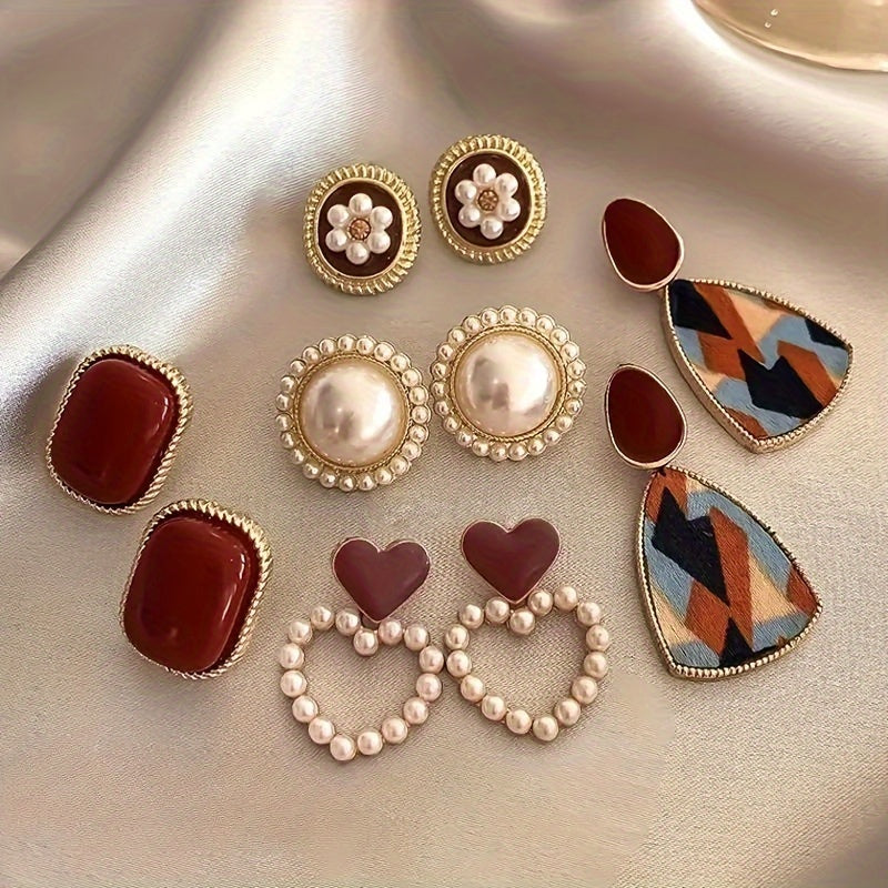 Set of 5 vintage luxury earrings, featuring zinc alloy statement studs and heart-shaped drop earrings with silver ear needles. Elegant jewelry perfect for gifts and special occasions like banquets.