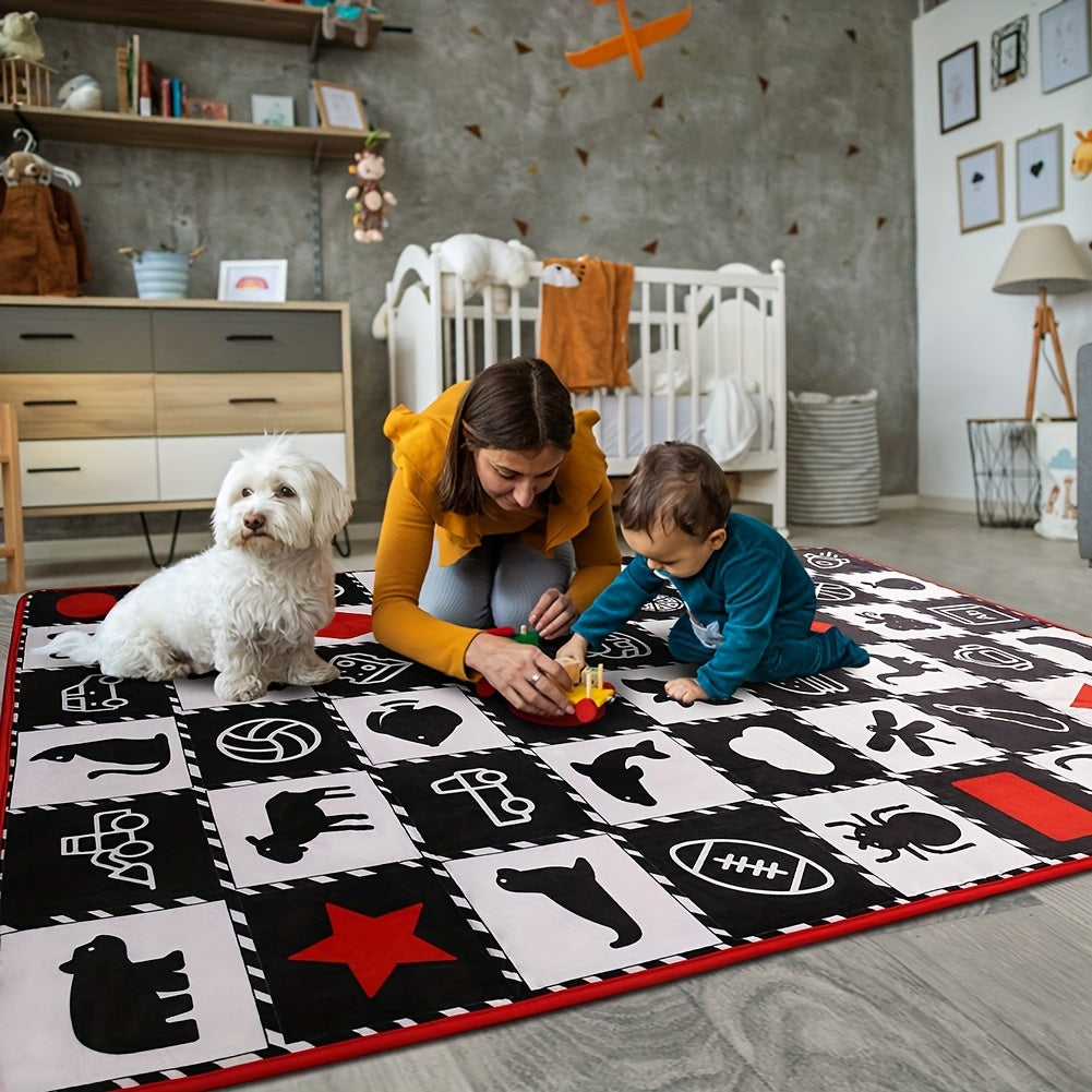 This Large, Thick 0.6cm Floor Mat is Ultra-Soft for Crawling, featuring High Contrast Animal, Fruit & Vehicle Designs. Ideal for Tummy Time, Learning, and Play. In Black & White, with Shapes Toy included. Perfect for Play Mats.