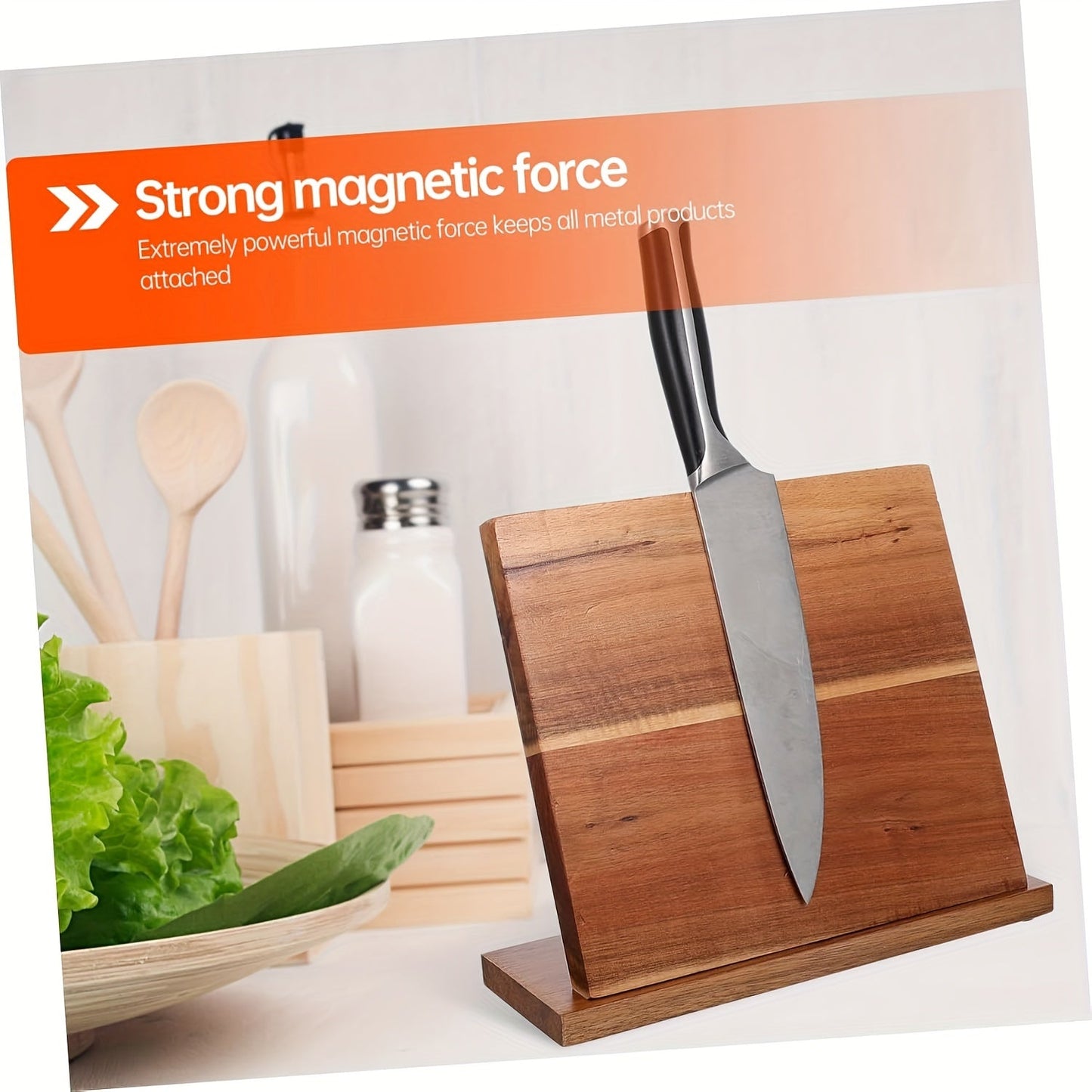 Wooden Magnetic Knife Holder Strip, Kitchen Knife Block with Magnetic Cutter Stand - Countertop Knife Rack for Displaying and Storing Cutlery