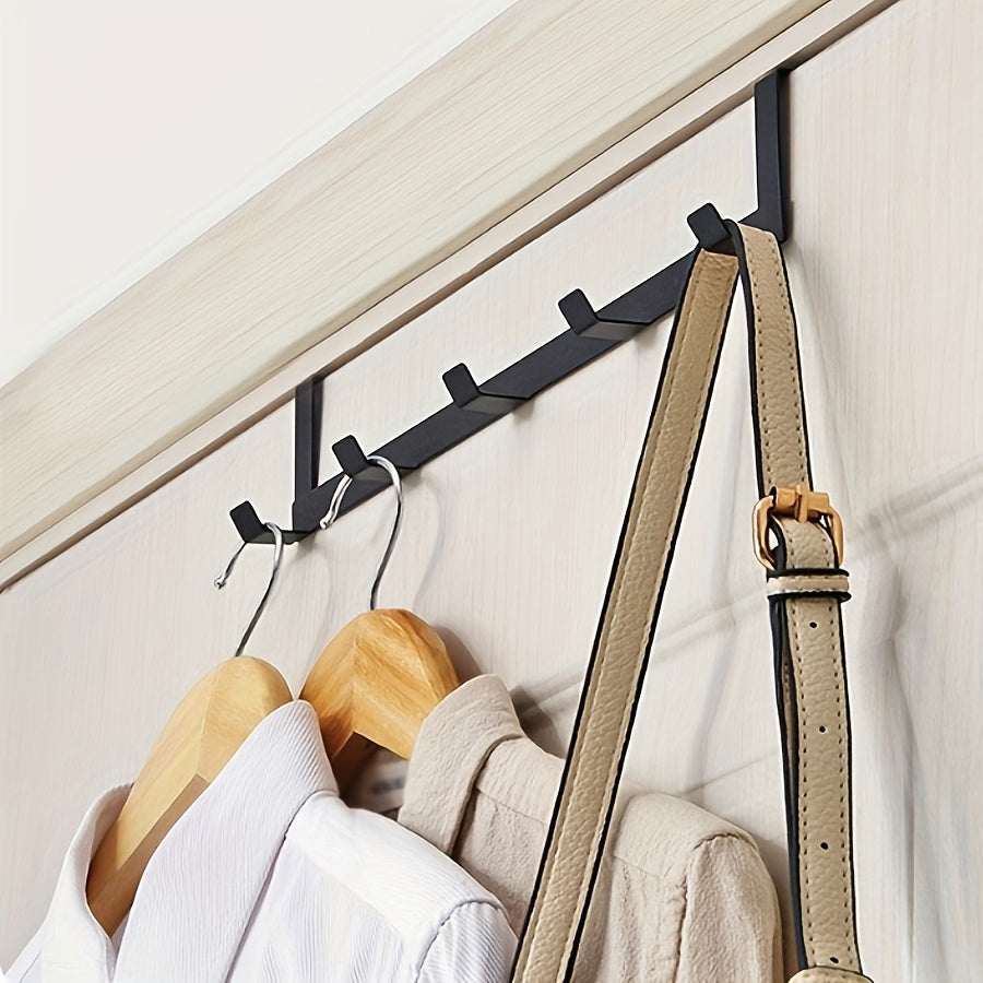 Black Metal Over-the-Door 5-Hook Rack - Sturdy, Mark-free Hanger for Coats, Robes, Hats, Towels - Easy Installation, Ideal for Bathroom & Bedroom Organization, Convenient Towel Holder.