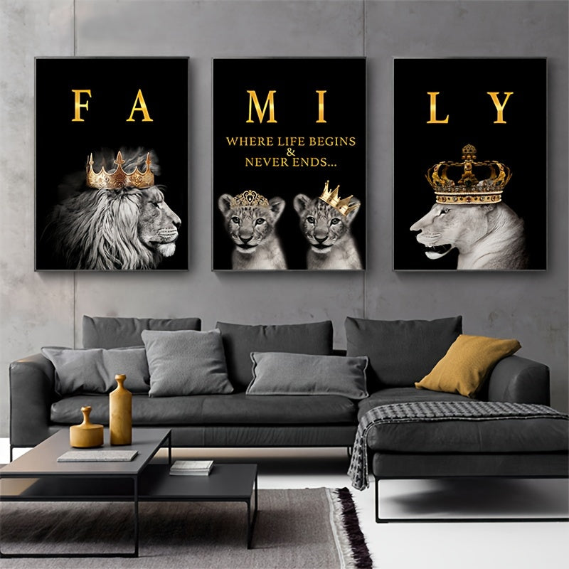 Modern abstract lion family canvas painting, 3 pieces, 15.7*23.6in/40cm*60cm, motivational quotes, frameless, for living room decor.