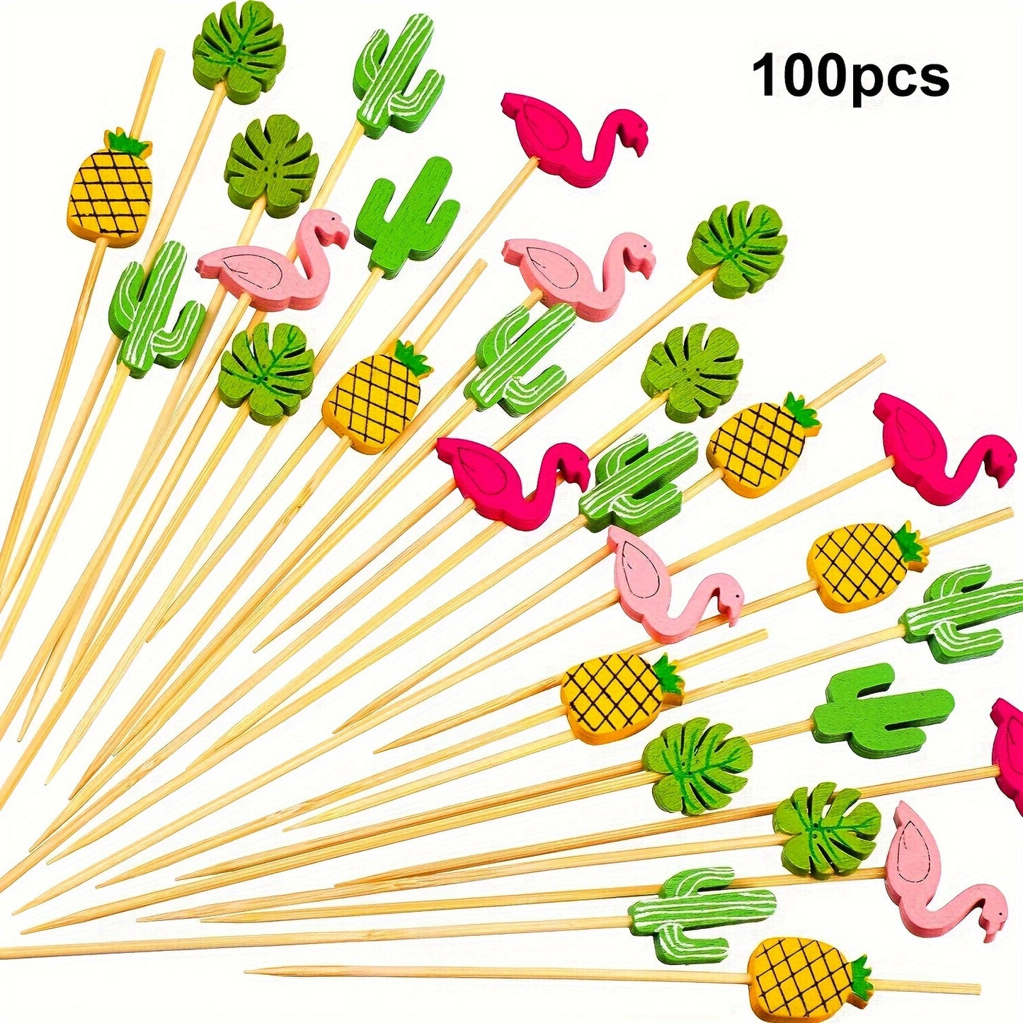 100 Cocktail Picks, 11.94 cm, Pearl Fancy Flamingo Sticks for Appetizers and Fruit, Hawaii Set for Tropical Parties.