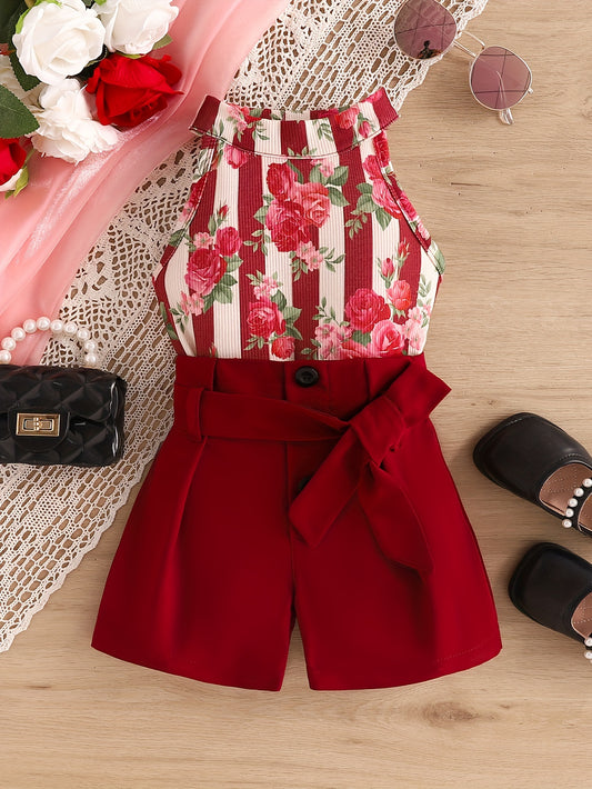 Girls' outfit with red rose print, halter neck stripe top, belt shorts set for summer holidays and outdoor activities.