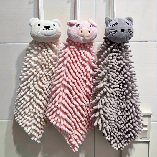 Chenille hanging towel with quick-dry, cute cartoon design and loop for bathroom.