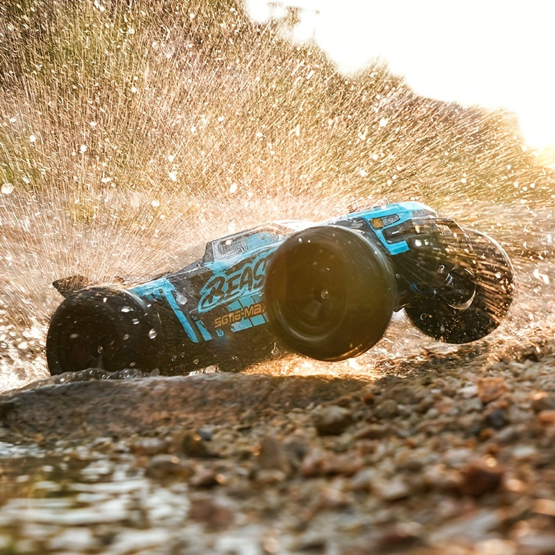 ZNLYRION Remote Control Off-Road Vehicle with Brushless Motor, 4WD, 80KM/H Speed, LED Headlights, Durable Plastic Body, Dynamic Graphics in Blue. Ideal for Outdoor Adventures.