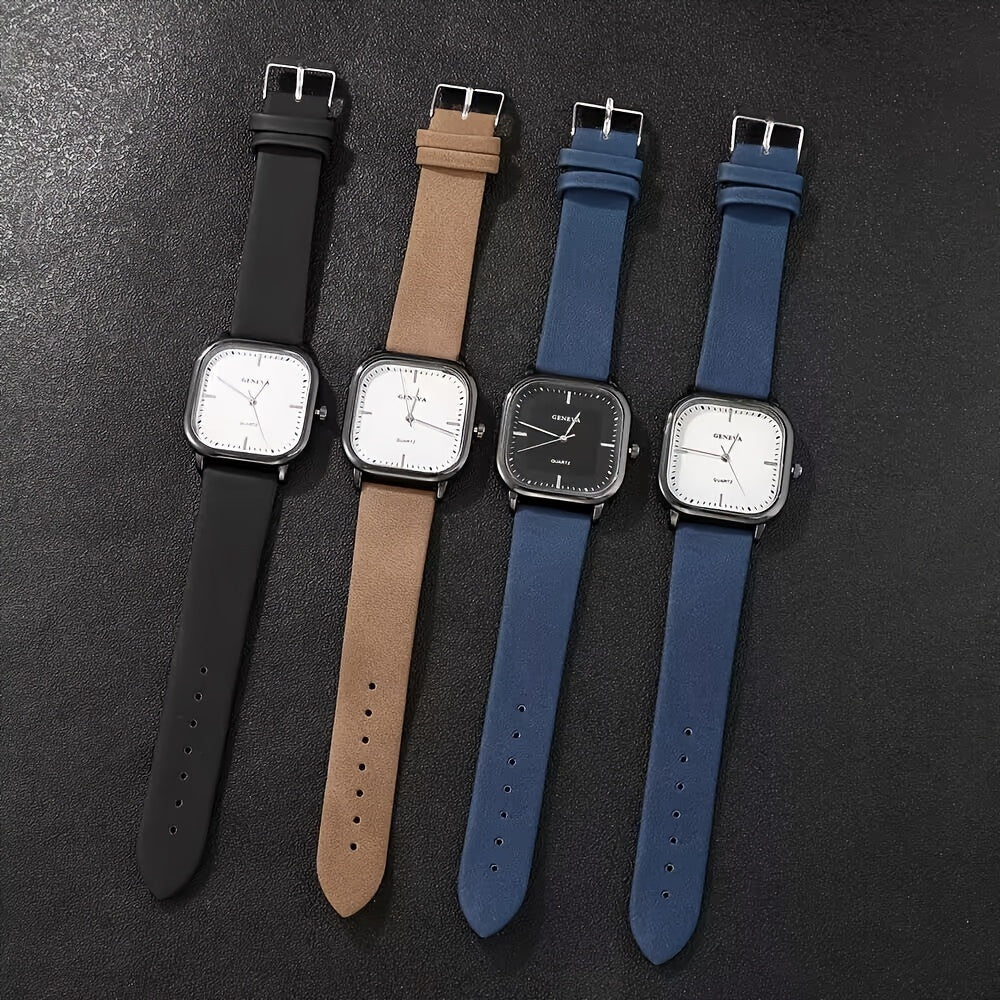 Set of 4 Men's Sleek Square Quartz Watches with English Dial - Ideal Gift for Him, Featuring Zinc Alloy Case and Faux Leather Strap