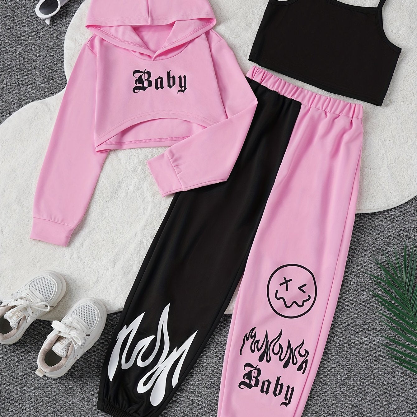 3-piece casual outfit set includes a blue hoodie, black tank top, and face print pants with white sneakers, made of stretchy polyester fabric; perfect for spring/summer/fall wear and