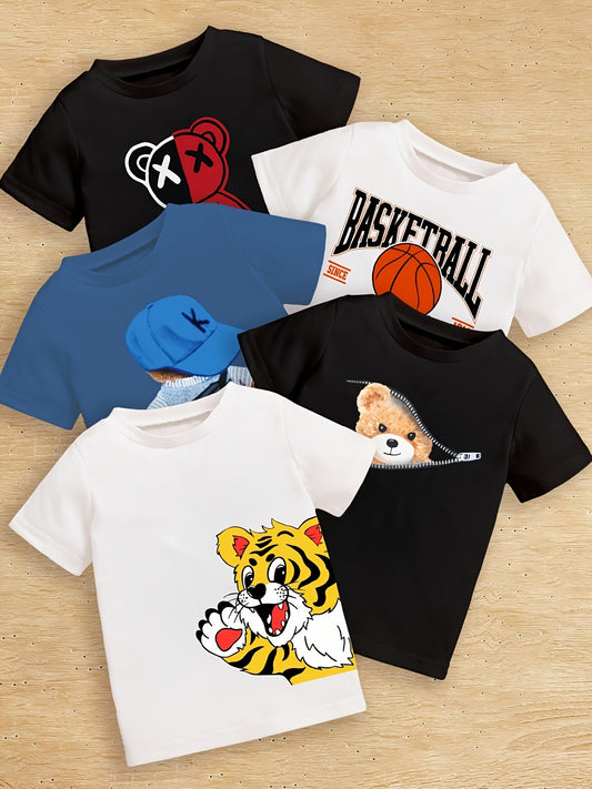 5 boys' graphic T-shirts with Valentine's Day and Basketball themes, featuring cartoon and letter prints. Made of soft polyester blend for summer wear. Perfect for sports enthusiasts.