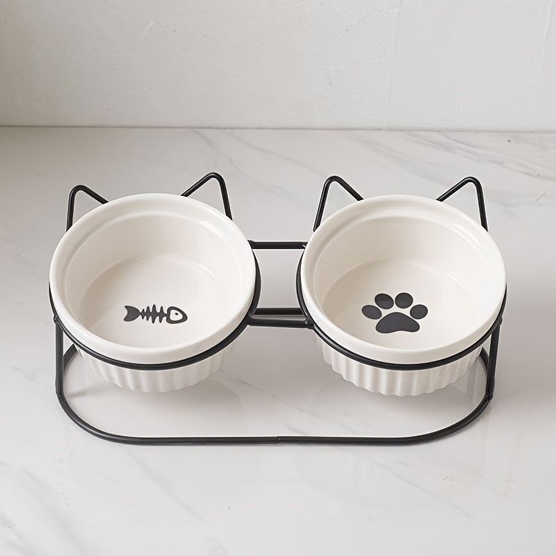 Set of non-slip ceramic cat food and water bowls with iron bracket promotes healthy eating and reduces neck strain.