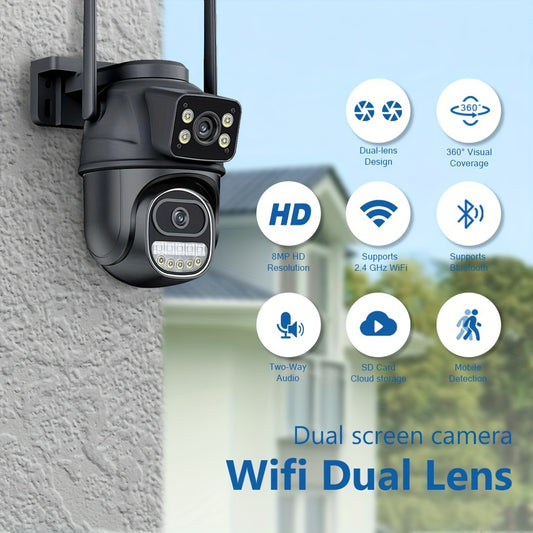 1pc Icsee 4K 8MP WiFi Camera with three lenses, dual screens, 8X zoom, human detection, auto tracking, and security surveillance.