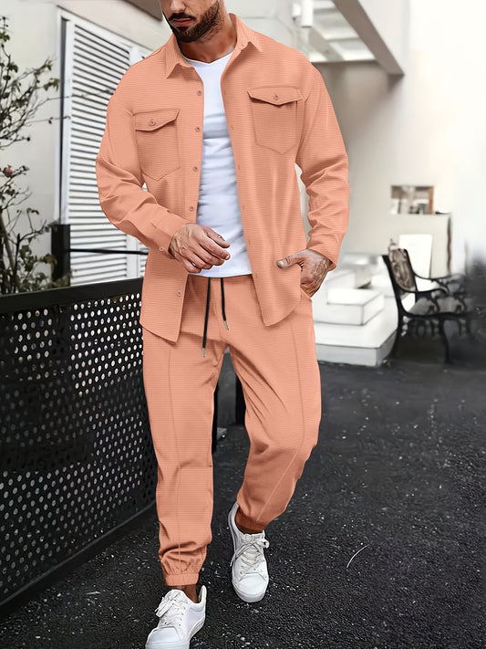 Men's casual sports suit set with long sleeve polyester shirt and matching pants, featuring multiple pockets and breathable slight stretch fabric. Designed for daily and casual wear in the