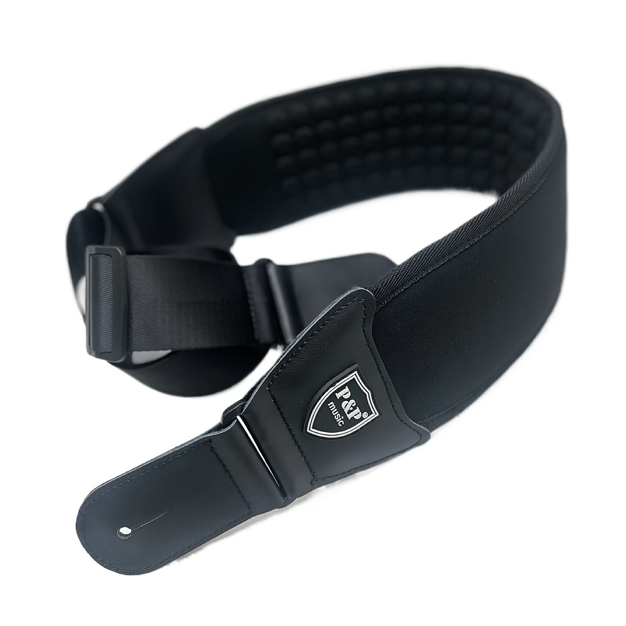 P&P electric guitar and bass strap with 4-inch pad, adjustable length (114.3 cm to 139.7 cm), string clip, 2 full locks, and 6 pull-out tabs.