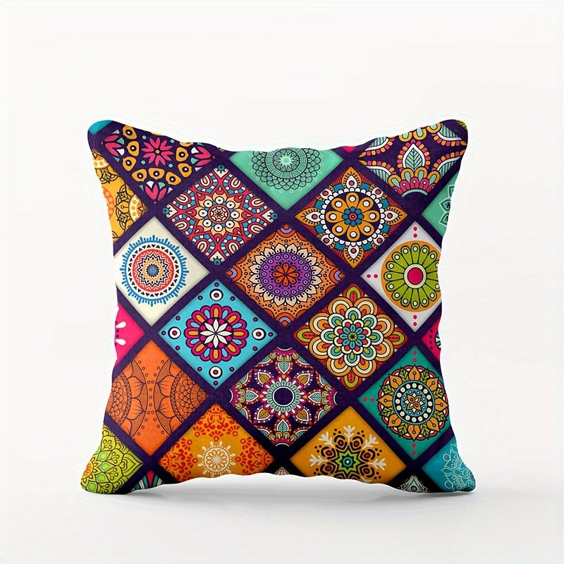 Bohemian Chic Zippered Throw Pillow Cover made of machine washable knit polyester fabric, ideal for decorating living room and bedroom. 45.72x45.72 cm size, insert not included.