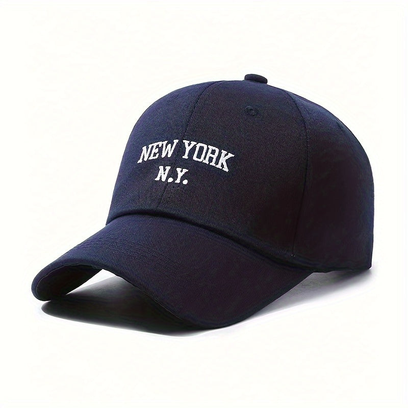 New York embroidered baseball cap with adjustable snapback for sun protection in black with white NYC lettering. Suitable for outdoor sports, unisex, and made of polyester blend.