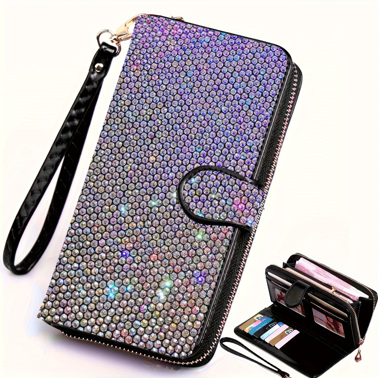 Rhinestone-Decorated Wallet with Large Capacity and Credit Card Holder