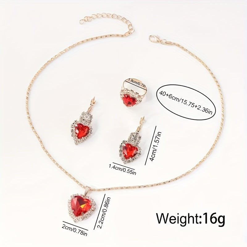 5-Piece Ladies Quartz Watch Set with Heart Jewelry - Red Dial, PU Leather Band, Zinc Alloy Case, Non-Analog Watches with Matching Necklace, Ring, and Earrings