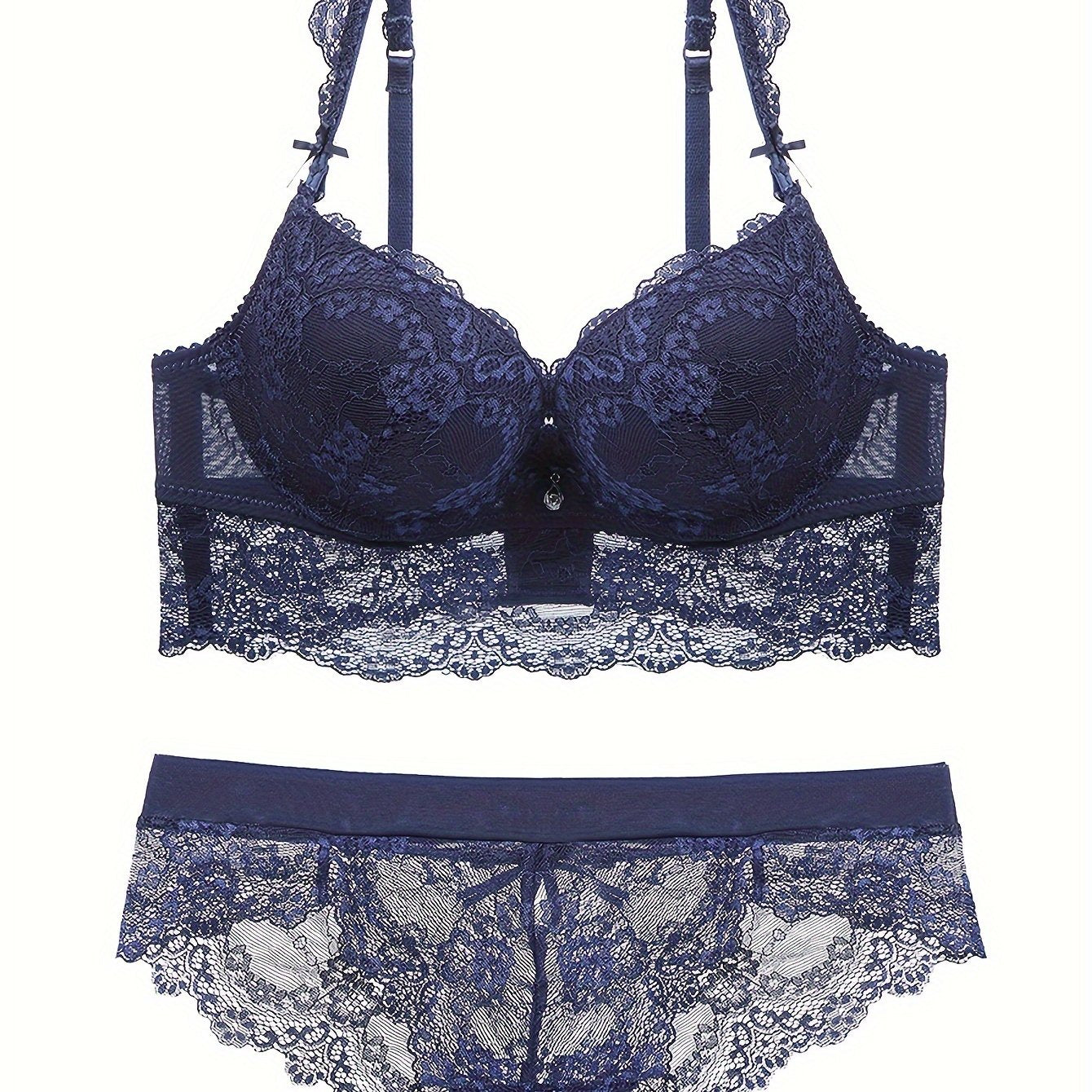 Women's bra set with sexy lace, push-up design, and thick cups made of high-quality material for small chests.