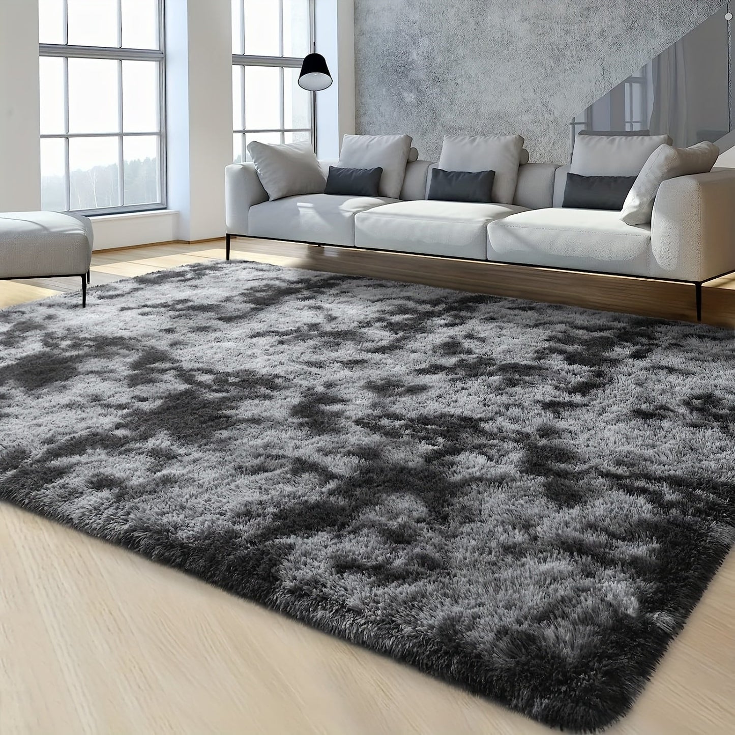 Luxurious Soft Faux Fur Area Rug in Modern Deep Grey Shaggy Design, Perfect for Living Room or Bedroom Decor. Made of Ultra Soft Polyester Material, Dry Clean Only. Available in Various Sizes.